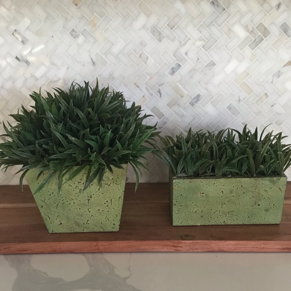 Two Faux Florals In Distressed Green Planters